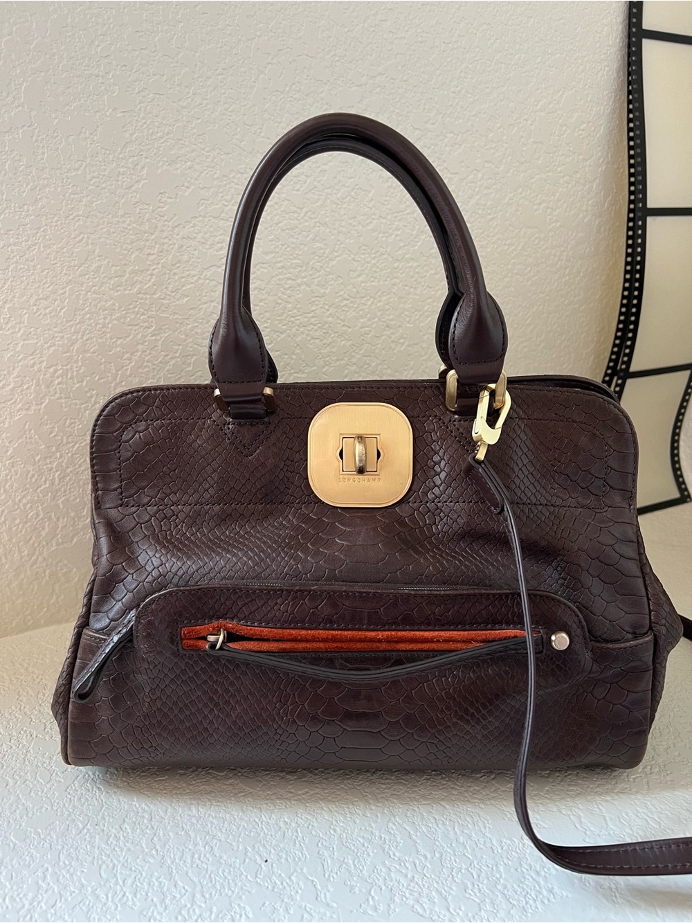 Longchamp Gatsby Embossed Brown Leather Bag Purse